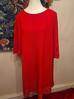 SHEIN Red Midi Shift Dress with Laser-Cut Hem & Sleeves